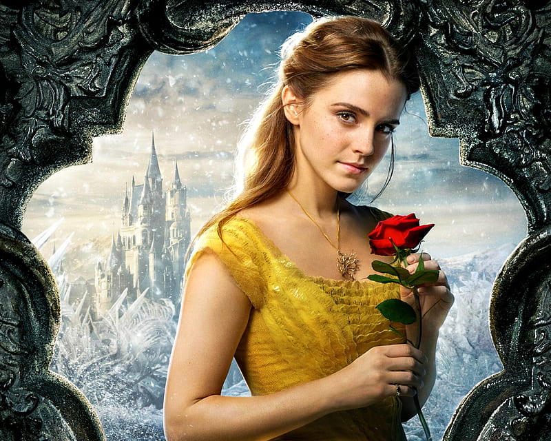 Beauty and the Beast 2017, red, beauty and the beast, movie, rose, belle, yellow, Emma Watson, fantasy, girl, actress, disney, HD wallpaper