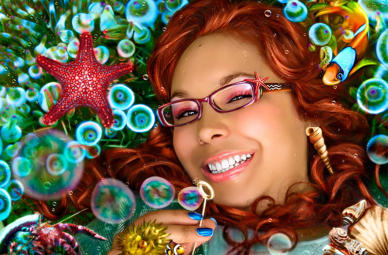 Mermaid, fish, redhead, glasses, fantasy, green, bubbles, pink, underwater, luminos, juan camilo bedoya vargas, smile, coral, creative, starfish, girl, funny, HD wallpaper