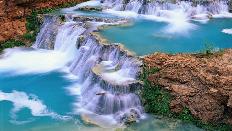 Aqua Falls, Aqua, Scenery, Waterfalls, Cascades, Nature, HD wallpaper