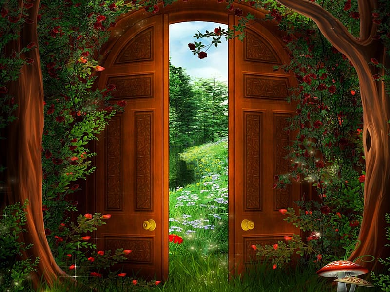 Fantasy, Grass, Flower, Tree, Mushroom, Artistic, Door, Magical, HD wallpaper