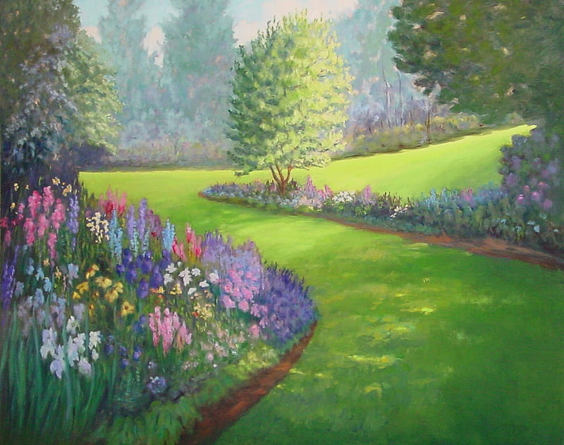 English Garden, art, sun, grass, flowers, nature, trees, HD wallpaper