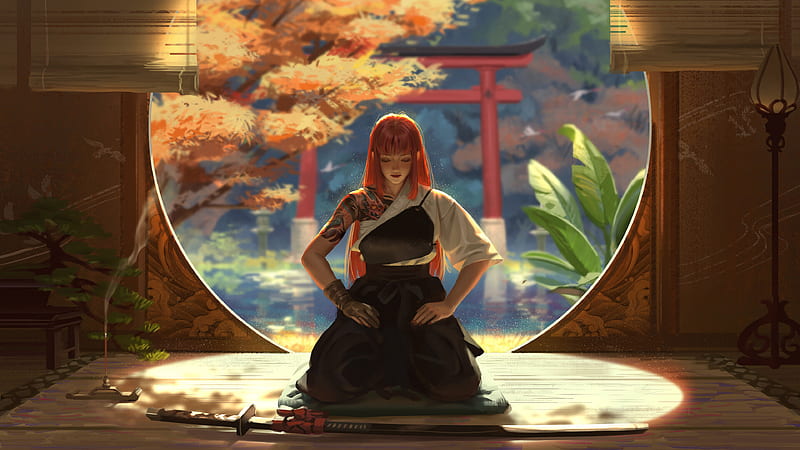 Asian Warrior Girl Meditation , asian, warrior, artist, artwork, digital-art, artstation, sword, HD wallpaper
