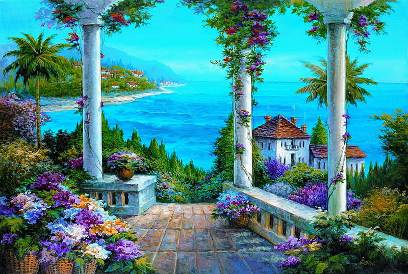 que coastal view, pretty, mediterranean, art, exotic, view, town, bonito, spring, sea, arch, painting, summer, village, coast, HD wallpaper