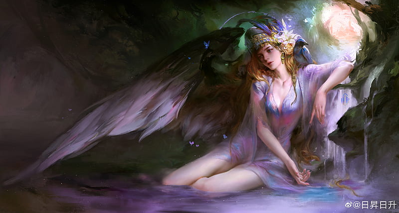 Angel, chris chan, feather, gjschoolart, purity, art, wings, frumusete, luminos, fantasy, girl, purple, pink, HD wallpaper