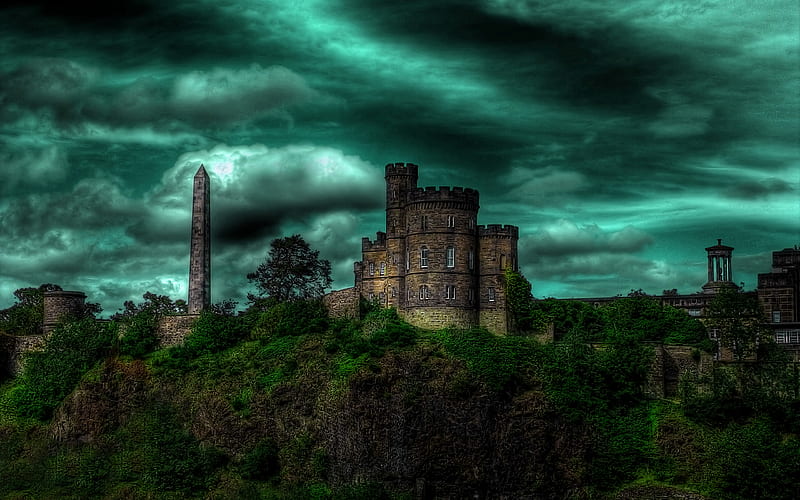 Calton Hill, dark, r, bonito, scotland, clouds, castle, teal, sky, HD wallpaper