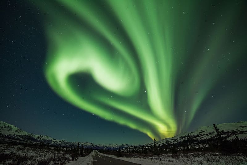 Winter, Sky, Stars, Night, Mountain, Light, Road, , Aurora Borealis, Norway, HD wallpaper