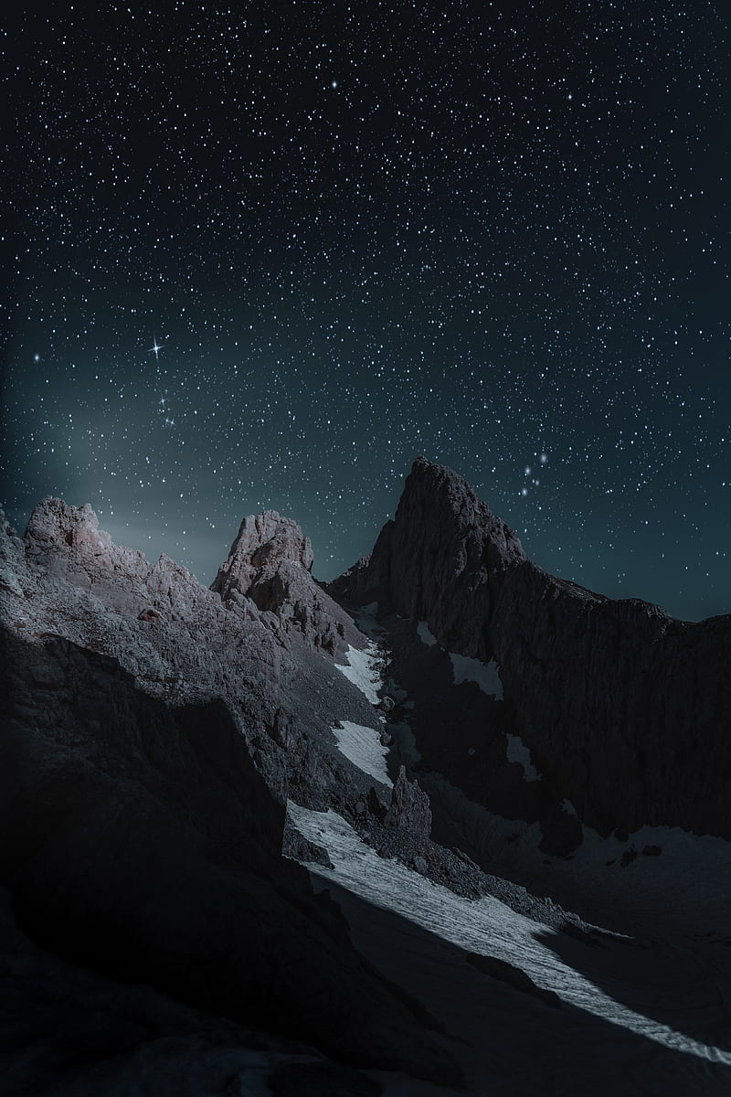 starry sky, mountain, path, hills, snow, Landscape, HD phone wallpaper