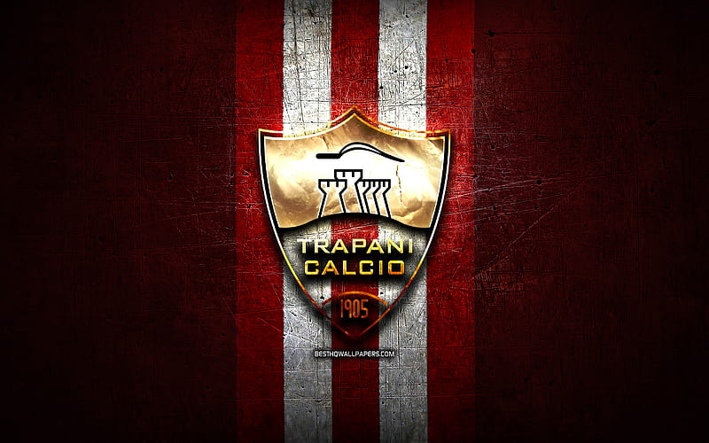 Trapani FC, golden logo, Serie B, red metal background, football, Trapani Calcio, italian football club, Trapani logo, soccer, Italy, HD wallpaper