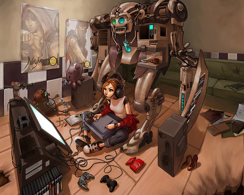 gamer, room, videogame, robot, HD wallpaper