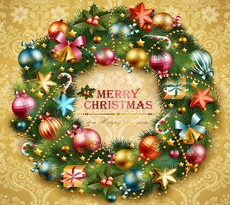 Merry Christmas, balls, decoration, happy, new year, stars, HD wallpaper
