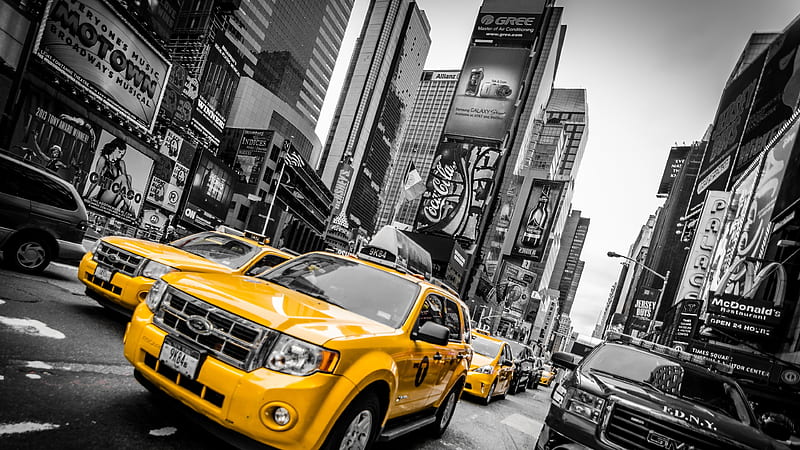 Yellow Taxi, Black, traffic, transport, buildings, abstract, NY, skyscrapers, graphy, urban, taxi, road, white, street, HD wallpaper