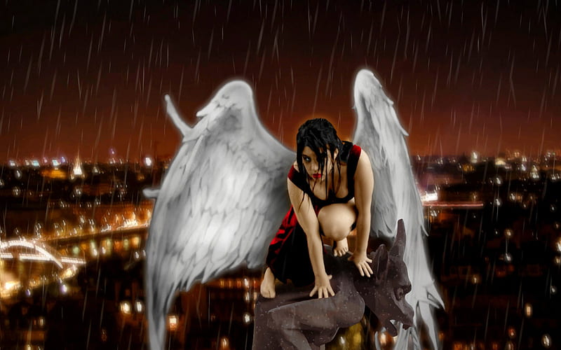 BAD WEATHER, rain, fantasy art, weather, angel, HD wallpaper