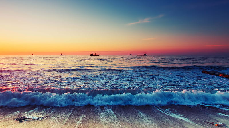 ocean, beach, sunset, horizon, scenic, waves, Nature, HD wallpaper