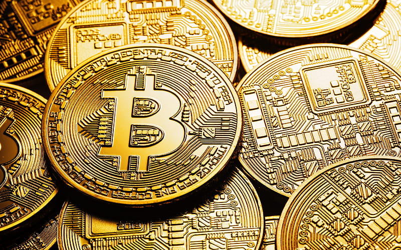 Bitcoin, macro, golden coins, cryptocurrency, Bitcoin logo, coins, HD wallpaper