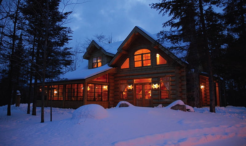 Log Cabin in Winter Snow, Log Cabins, Snow, Dusk, Nature, Winter, HD wallpaper