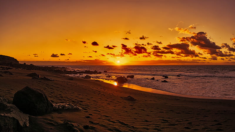 ocean, sunset, shore, beach, sand, horizon, canary islands, spain, HD wallpaper