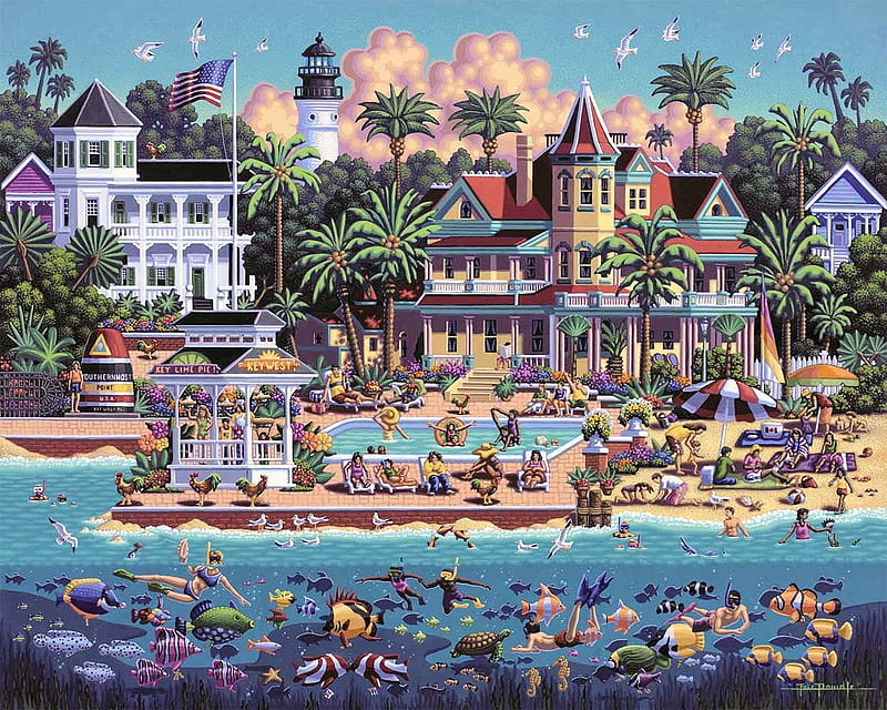 Key West, beach, fish, houses, painting, artwork, sea, palms, lighthouse, HD wallpaper