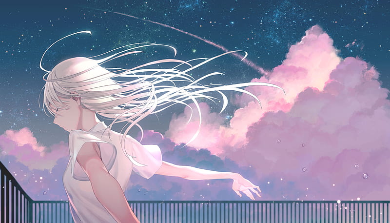 Anime, Original, Cloud, Girl, Starry Sky, White Hair, HD wallpaper