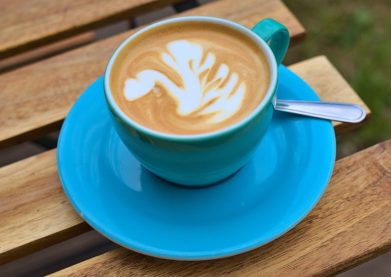 cappuccino, coffee, foam, drink, cup, blue, HD wallpaper