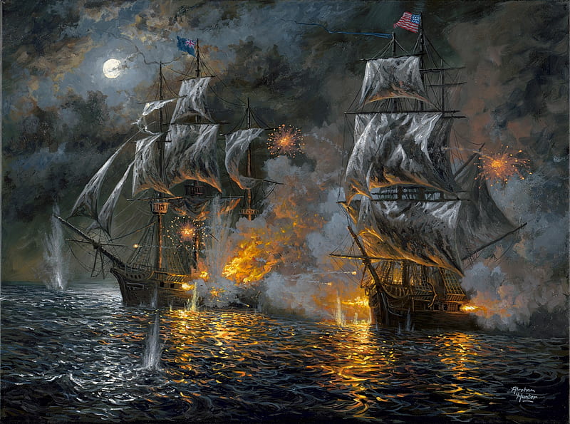 USS Constitution vs HMS Guerriere, ships, battle, battleships, painting, sailing, sky, artwork, sea, HD wallpaper