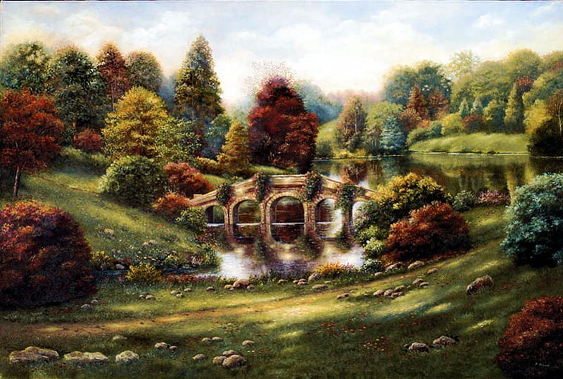Stourhead Gardens, autumn, water, stones, bridge, painting, trees, meadow, HD wallpaper