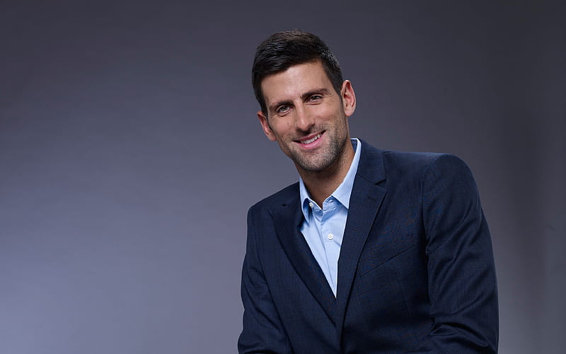 Novak Djokovic, hoot, smile portrait, official gray suit, Serbian tennis player, HD wallpaper
