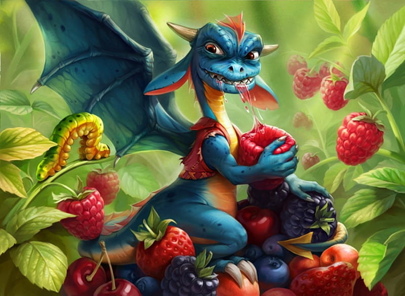 Dragon, red, wings, luminos, strawberry, food, fruit, brry, fantasy, lerastyajkina, green, funny, raspberry, blue, HD wallpaper