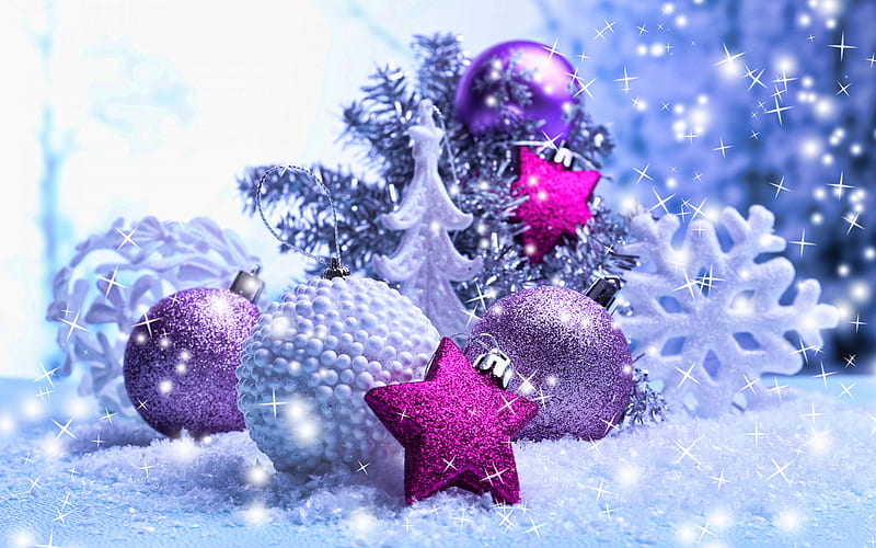 Purple Xmas balls, xmas decorations, snowflakes, Merry Christmas, Happy ...