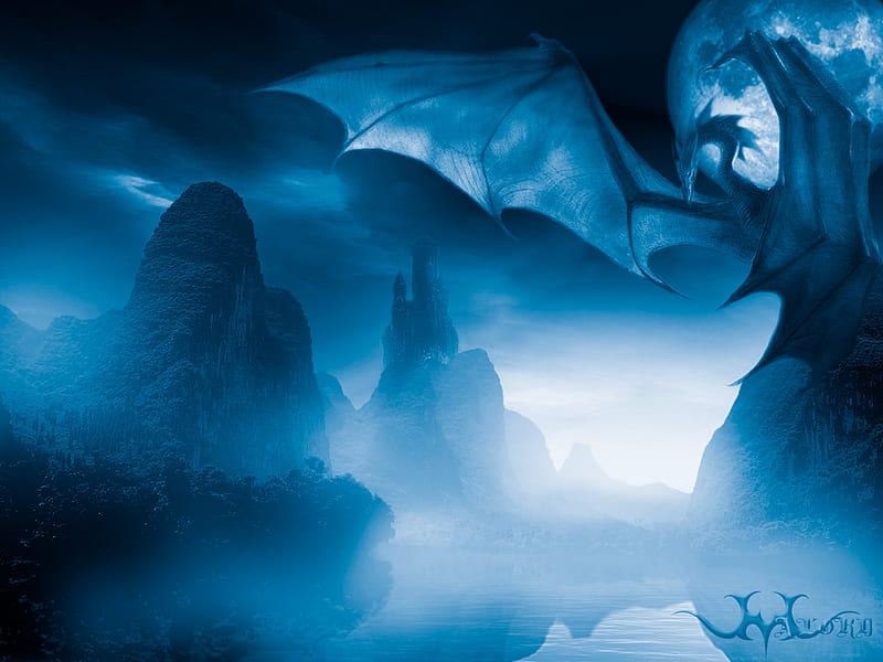 Blue night and dragon, blueish, moon, moonlight, dragon, castle, blue ...