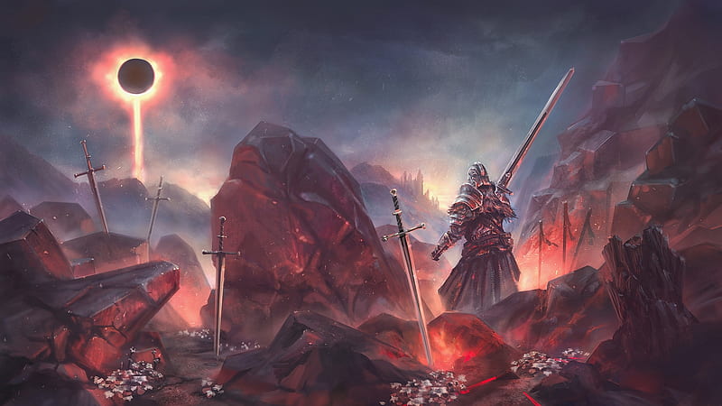fantasy war, eclipse, swords, battle, warriors, stars, Fantasy, HD wallpaper