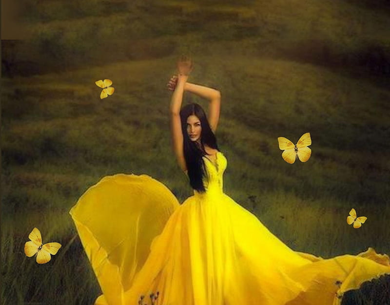 Ethereal Yellow Dress, ethereal, y, bright color, soft, butterflies, women are special, bonito, lips nails eyes hair art, delicate, etheral women, flowing, Store Envy, female trendsetters, pretty, bold, lovely, vivid, vibrant, HD wallpaper