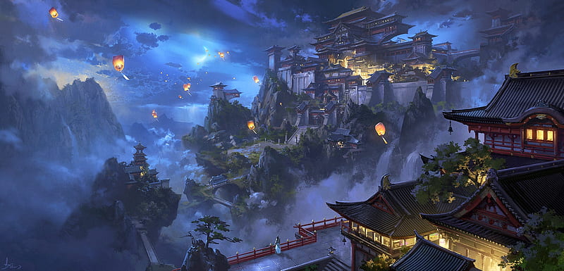 asian castle, asian village, historical, fantasy world, lanterns, Fantasy, HD wallpaper