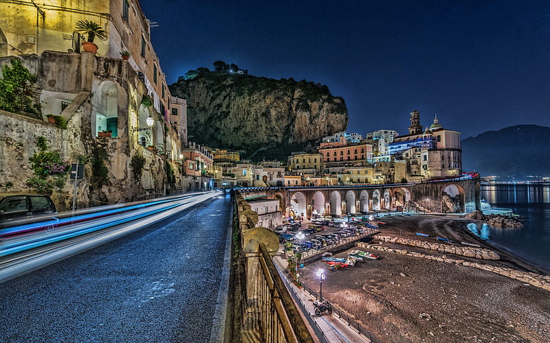 Amalfi, R, night, traffic lights, quay, sea, Italy, Europe, HD wallpaper