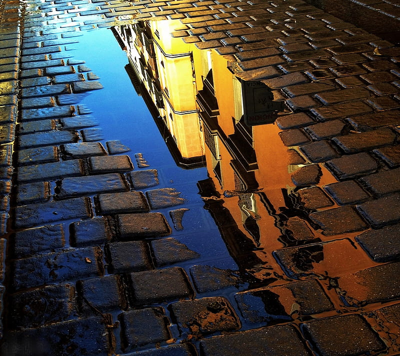Brick refection, avenue, building, puddle, reflection, sky, street ...