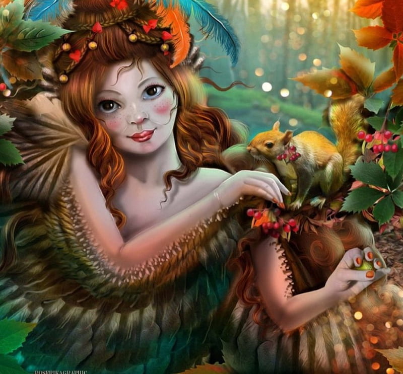 La belle d automne, art, autumn, fantasy, lady, HD wallpaper