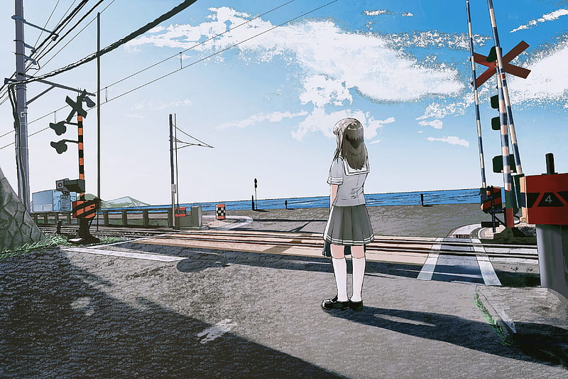 Anime school girl, railway, clouds, sunlight, Anime, HD wallpaper | Peakpx