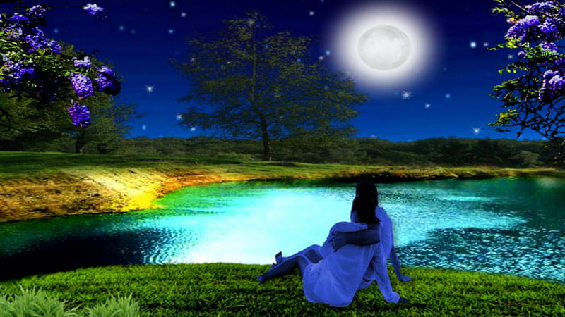 ~*~ Romantic Night At The Lake ~*~, romantic couple, magic night, romantic, full moon, , nature, lake, HD wallpaper