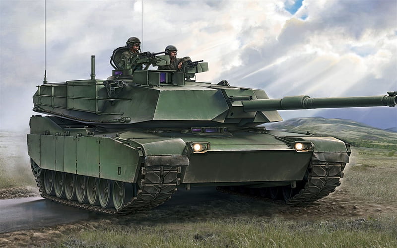 M1A2 Abrams, main battle tank, art, green camouflage, American tank, USA, HD wallpaper