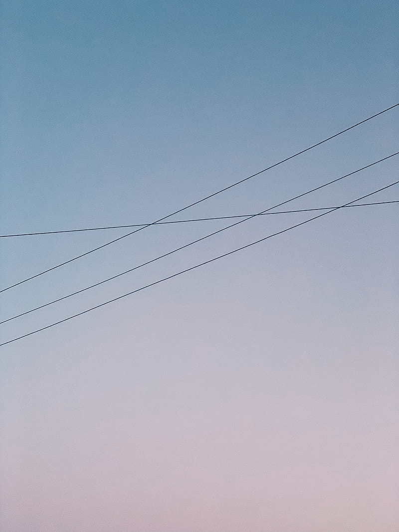 From below of thin electricity wires against blue and soft pink sky at sunset, HD phone wallpaper