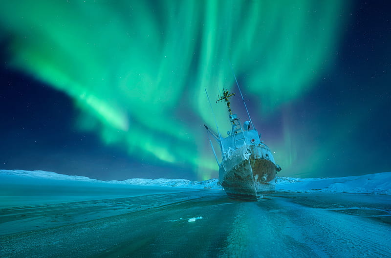 Vehicles, Ship, Aurora Borealis, Russia, Winter, HD wallpaper