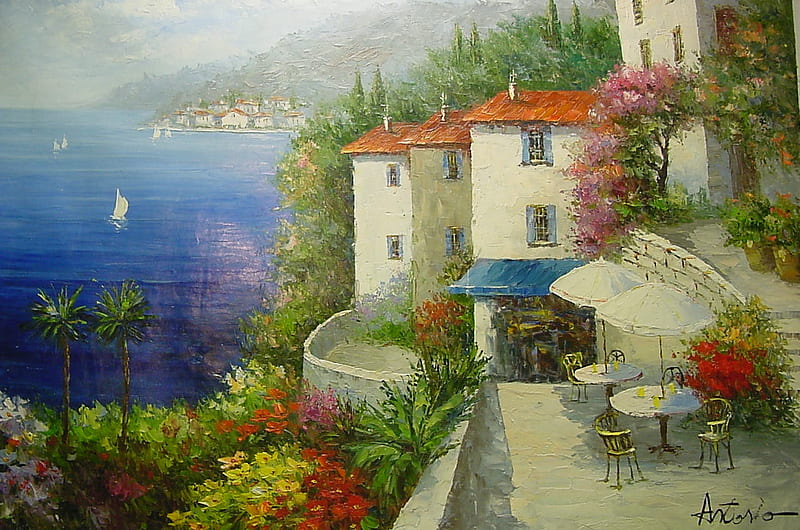 A Villa Affair, tables, view, setting, escape, sea, boats, water, love, flowers, heaven, villas, blue, HD wallpaper
