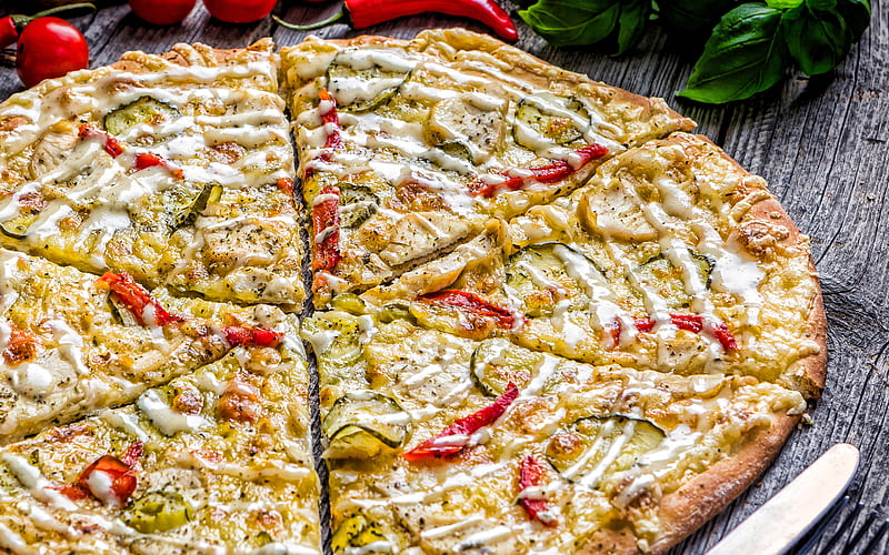 pizza, vegetarian pizza, fast food, pizza with vegetables, pizza with zucchini, HD wallpaper