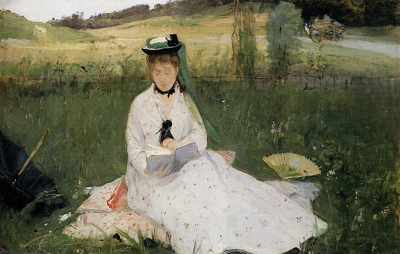 Berthe Morisot - Reading with green umbrella, art, umbrella, woman, reading, girl, green, berthe morisot, painting, nature, field, HD wallpaper