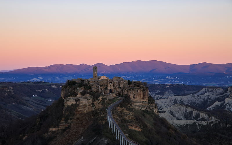 Civita di Bagnoregio, evening, sunset, fortress, mountain landscape, Bagnoregio, Viterbo, Italy, HD wallpaper