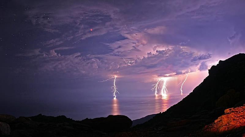 Storm at Sea, thunder, lavender, sky, clouds, stormy, sea, lightning, purple, Firefox Persona theme, HD wallpaper