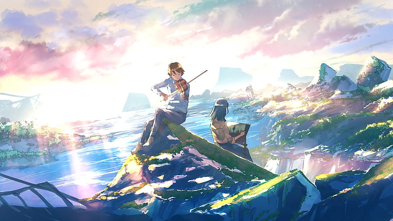 anime boy and girl, violin, painting, scenic, Anime, HD wallpaper