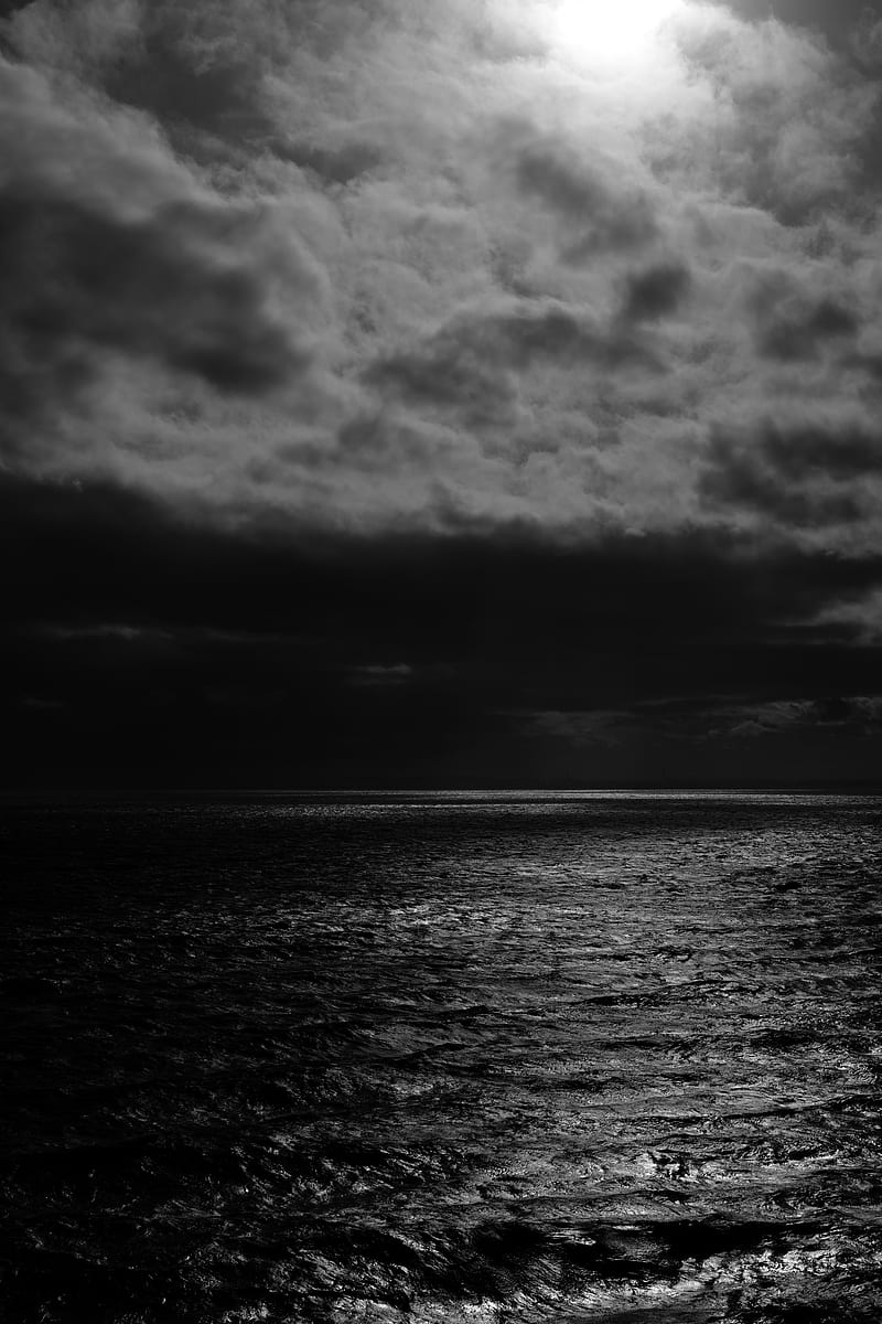 sea, horizon, bw, overcast, clouds, ripples, HD phone wallpaper