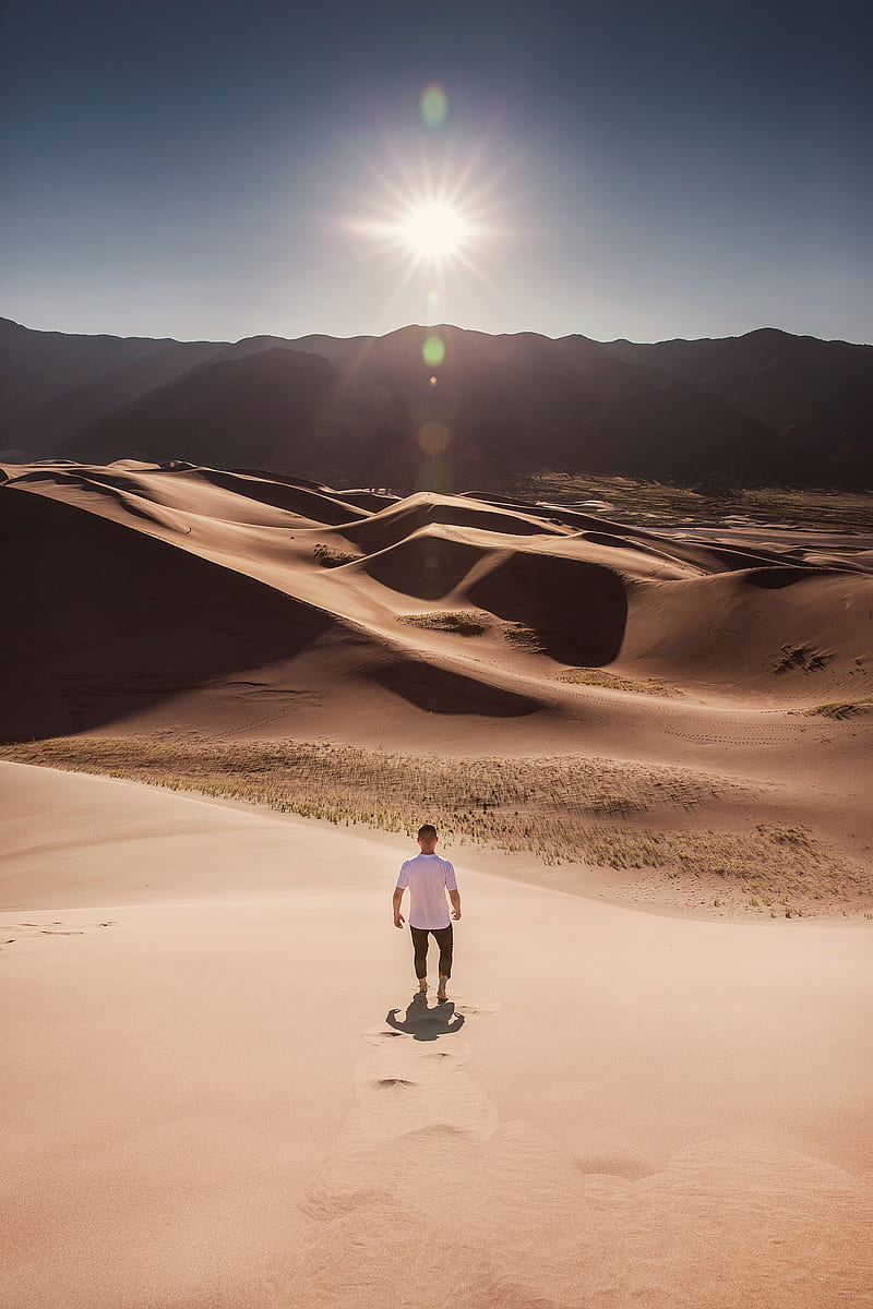 man, desert, dunes, sun, sand, HD phone wallpaper