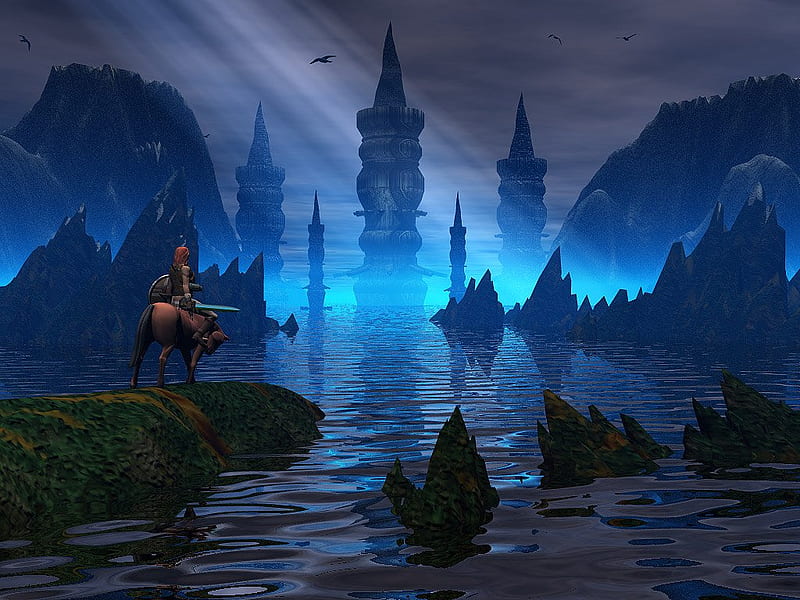 Dark Tower, hills, warrior, water, tower, horse, sword, blue, HD wallpaper