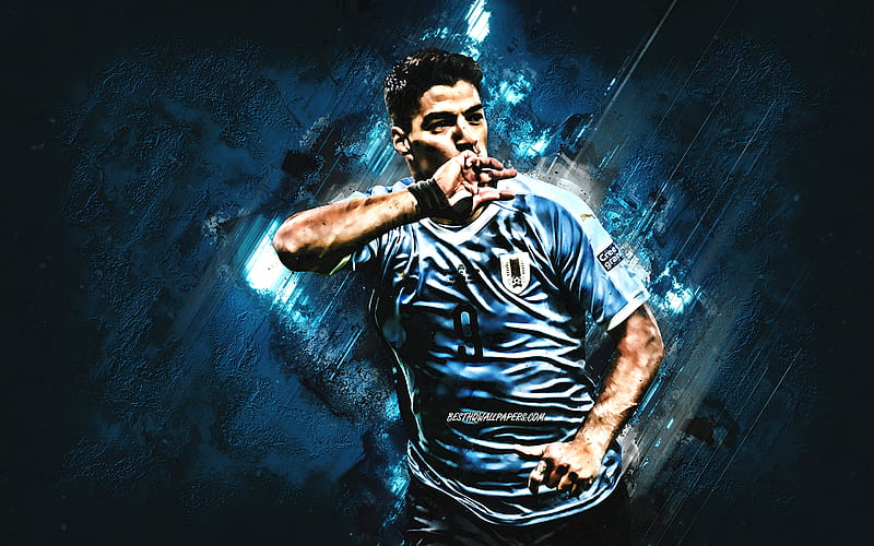 Luis Suarez, Uruguay national football team, portrait, Uruguayan soccer player, striker, Uruguay, football, blue stone background, HD wallpaper